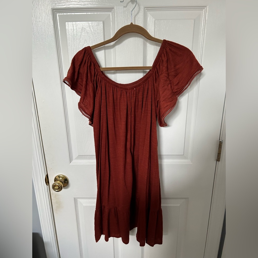 Women’s off the shoulder dress in Burnt Orange color